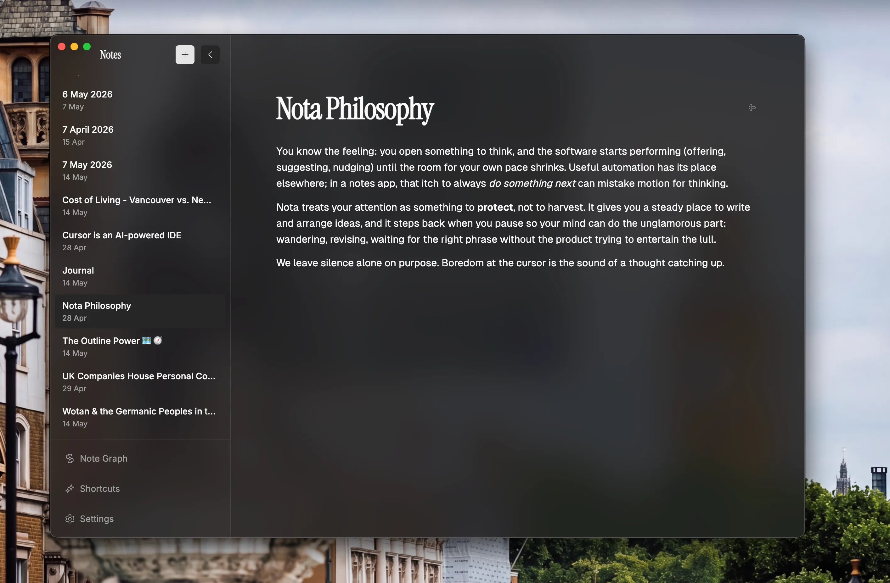 Nota on macOS over a soft cityscape: dark glass sidebar, serif note title, and a calm writing surface without feeds or nudges
