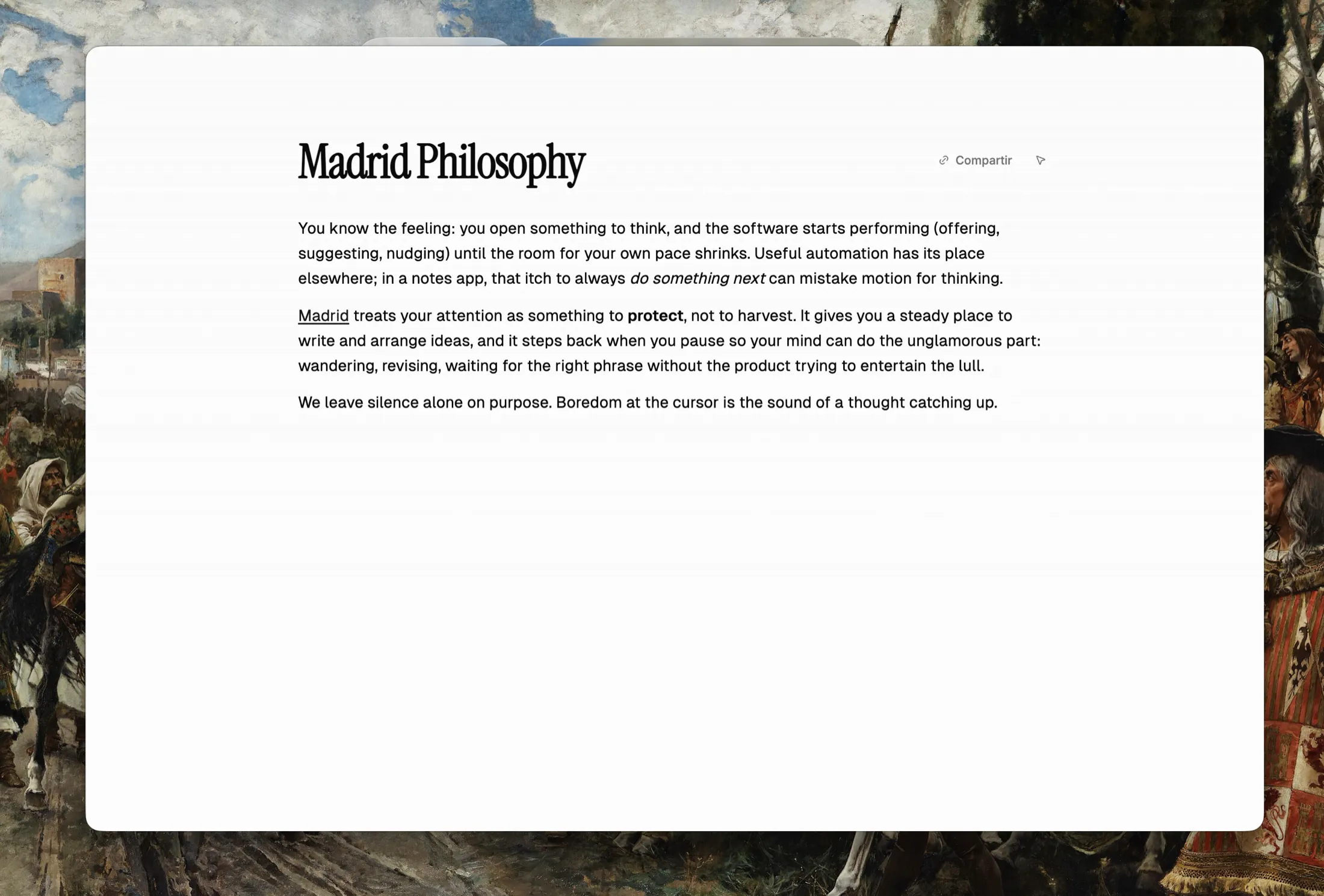 A note in Madrid with a serif title, plain paragraphs, and no toolbar above the text